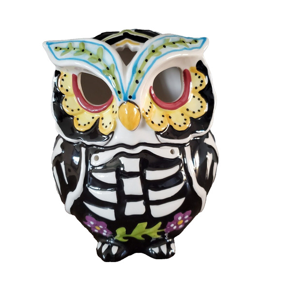 Blue Sky Clayworks Ceramic Skelton Owl Tealight Holder by Heather Goldminc Shelf - Picture 1 of 13
